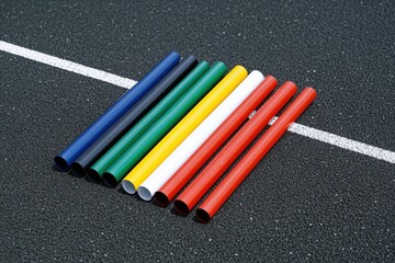Vivid relay batons lined up on athletic track