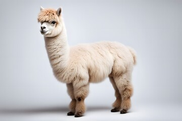 Fototapeta premium A fluffy alpaca with a soft coat standing calmly on a white background, AI Generated