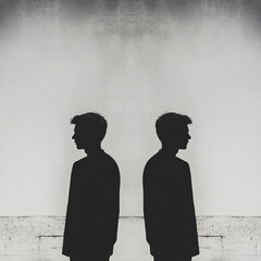 Minimalistic photo with twin young men in subdued gray tones
