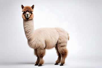 Fototapeta premium A fluffy alpaca with a soft coat standing calmly on a white background, AI Generated