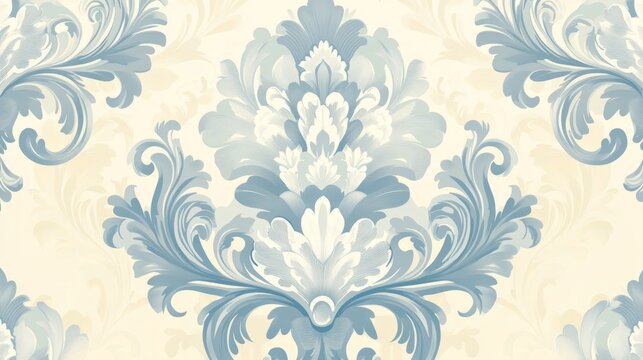 A classic damask pattern in soft pastel blue and cream, reminiscent of French Rococo interiors. The design features delicate acanthus leaves and flowers, with a subtle gradient fade toward the