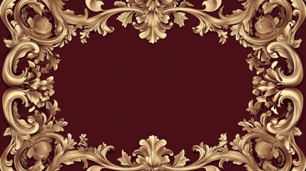 A luxurious baroque-style wallpaper with gold-leaf detailing on a rich, deep burgundy background. The intricate scrollwork and floral motifs create a lavish border around a blank central space,