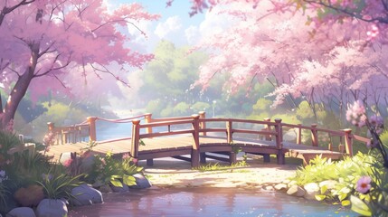 Obraz premium Japanese Garden Bridge with Cherry Blossoms