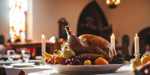 Thanksgiving decorations in church, autumn decor in interior