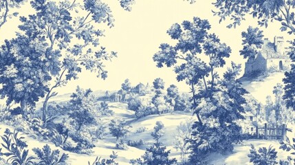 A classic toile de Jouy pattern in shades of blue and white, depicting pastoral scenes and intricate floral borders. The design is arranged in a way that the central area remains empty, allowing for