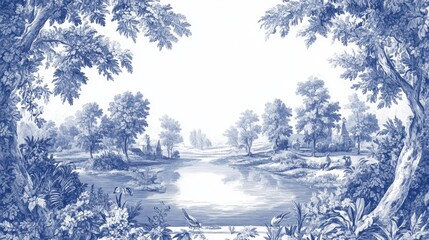 A classic toile de Jouy pattern in shades of blue and white, depicting pastoral scenes and intricate floral borders. The design is arranged in a way that the central area remains empty, allowing for