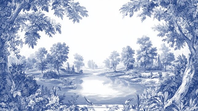 A classic toile de Jouy pattern in shades of blue and white, depicting pastoral scenes and intricate floral borders. The design is arranged in a way that the central area remains empty, allowing for