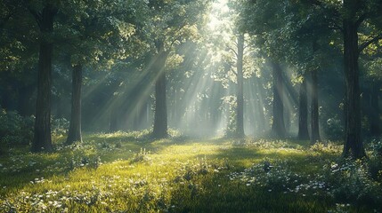 Obraz premium Serene Forest Scene Sunlight Filtering Through Tall Trees in a Tranquil Glade Landscape