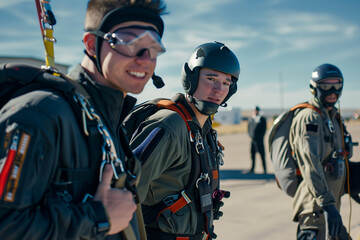 Obraz premium Smiling professional skydivers forming a group in the landing zone, with calm expressions. Generative AI