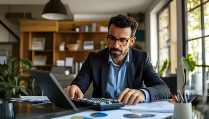Obraz premium Businessman Working at His Desk Using a Calculator