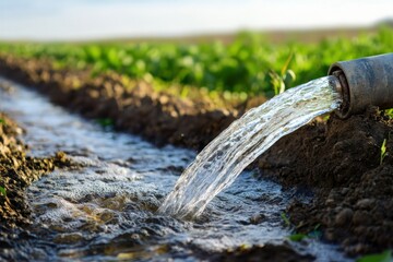 Water flowing from a pipe into a furrow in a field