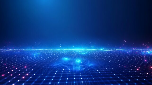 Futuristic digital technology background with glowing blue lights and grid pattern, perfect for tech and innovation themes.