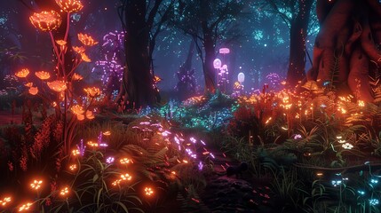 A fantastical forest with glowing flowers in shades of orange, pink and blue.
