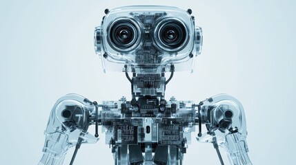 Naklejka premium The futuristic AI robot stands with a transparent exterior, highlighting its complex circuitry and advanced engineering in a modern setting
