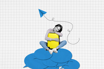Trend artwork sketch image composite photo collage of young woman sit pile speech textbox cloud...