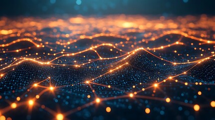 Futuristic glowing digital landscape with vibrant lights and dynamic waves representing technology, data, and innovation.