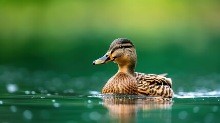 Fototapeta premium Majestic mallard duck swimming in serene green lake with reflective water surface