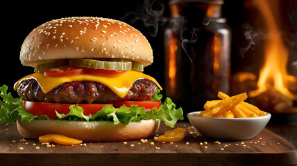 A sizzling hamburger stacked high with fire blazing in the background.	

