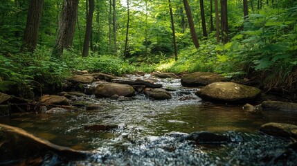 Obraz premium A quiet forest stream flowing over rocks, surrounded by lush greenery and tall trees, creating a tranquil setting