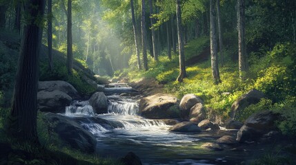 A quiet forest stream flowing over rocks, surrounded by lush greenery and tall trees, creating a tranquil setting
