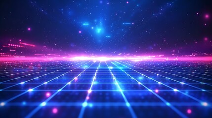 Futuristic neon grid landscape with glowing lights and digital effects, abstract cyberpunk sci-fi background, perfect for technology or gaming themes.