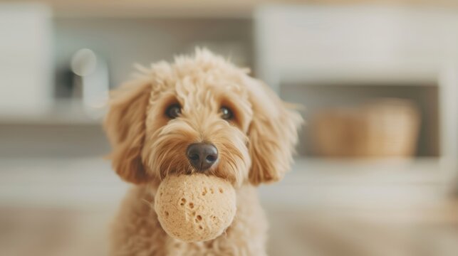 Adorable dog with toy sponge in mouth  cute pet portrait in cozy home setting
