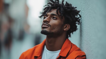 A thoughtful man wearing an orange jacket looks upward with a pensive expression, standing against...