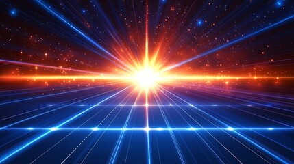 Obraz premium Futuristic sci-fi sunrise with vibrant orange and blue light beams, depicting the beauty of space, science, and technology.