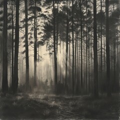 Fototapeta premium A Misty Forest Path Through Tall, Silhouetted Trees