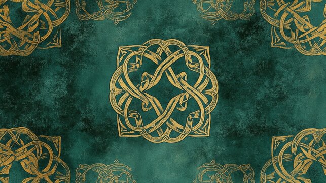 A traditional European wallpaper with a repeating pattern of intricate Celtic knots in shades of green and gold on a deep emerald background. The pattern frames a central area left blank for text,