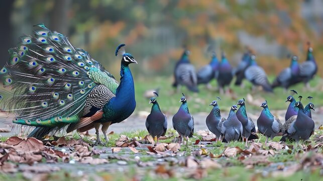 A peacock with its tail feathers spread stands with a group of peacocks in front of a group of ducks.
