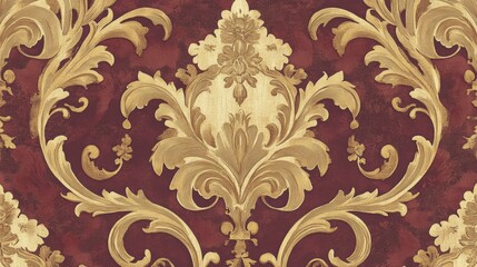 A richly detailed European wallpaper with a repeating pattern of Baroque scrolls and floral motifs in shades of deep red and gold. The pattern is concentrated around the edges, leaving a large blank