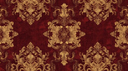 A richly detailed European wallpaper with a repeating pattern of Baroque scrolls and floral motifs in shades of deep red and gold. The pattern is concentrated around the edges, leaving a large blank