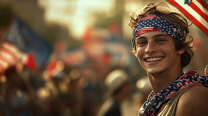 Obraz premium Joyful man with American flag bandana smiling at festive street parade, capturing happiness and patriotic spirit