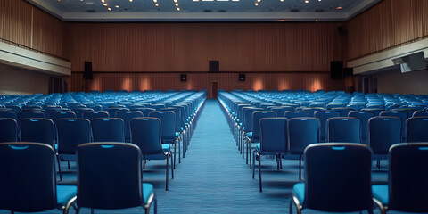 Empty conference hall with blue chairs Rear view