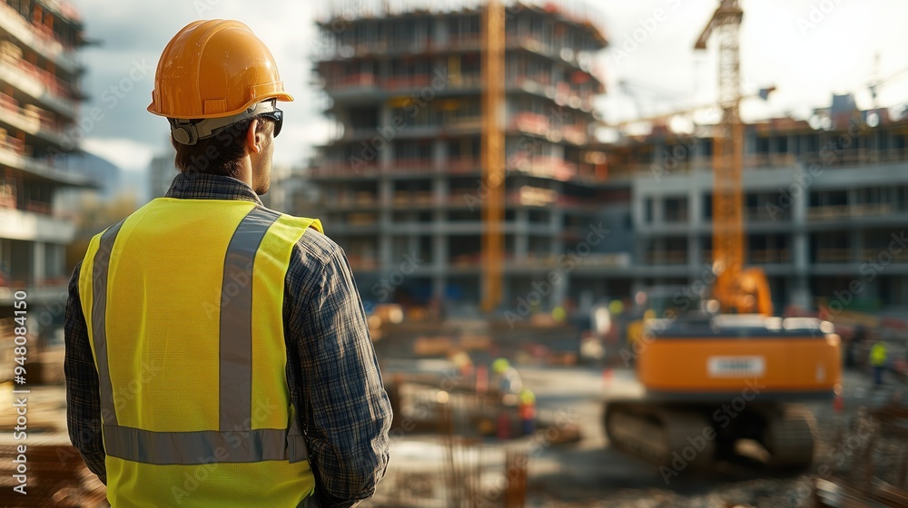 Wall mural construction worker overseeing building site development. construction worker in a yellow safety ves