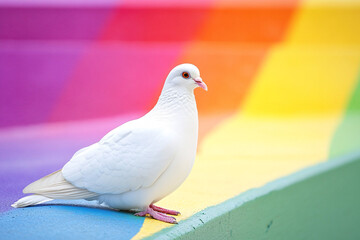 Obraz premium A white dove perched on a colorful rainbow staircase, creating a peaceful and vibrant contrast with its surroundings 