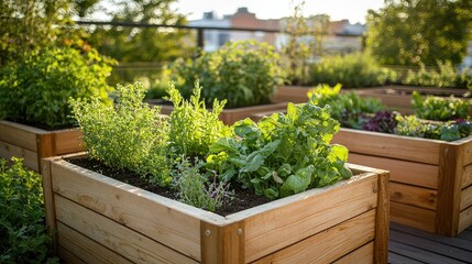 A rooftop garden with wooden planters, herbs, and vegetables, showcasing urban agriculture and sustainability -