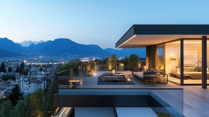 Fototapeta premium A rooftop with a panoramic glass railing, offering unobstructed views of the mountains and city below