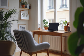 Fototapeta premium A minimalist remote work setup in a Scandinavian-inspired home with light wood furniture, white walls, simple decor, a cozy chair, and a laptop on a clean desk, creating a calm and focused workspace.
