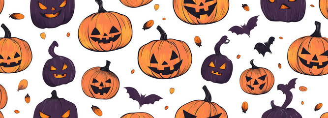 Fototapeta premium An awesome seamless Halloween pattern set with cute funny pumpkins on a variety of backgrounds for your Halloween Thanksgiving party designs. An evil pumpkin pattern for your Halloween Thanksgiving