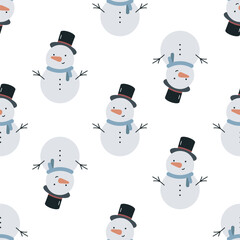 Seamless pattern with cute cartoon snowman. Flat vector background. Winter print. Christmas design. Creative texture for fabric, wrapping, textile, wallpaper, apparel.