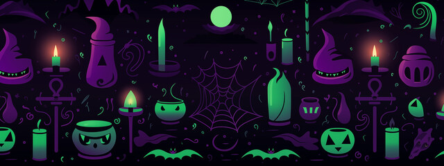Dark Halloween Illustration With Candles Witch Hats and Glowing Green Elements