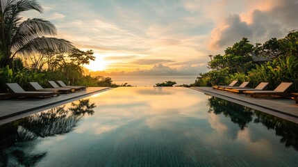 A serene swimming pool at sunrise with calm water reflecting the sky, surrounded by tropical plants and loungers