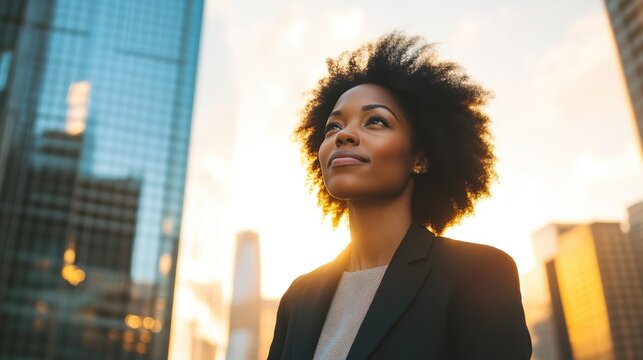 Confident Businesswoman in Urban Sunset Setting