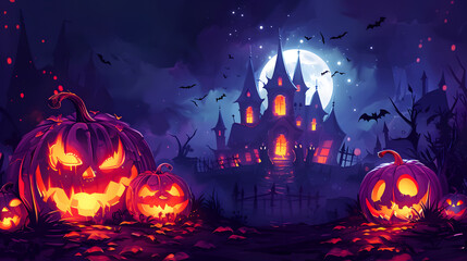 Haunted house, pumpkin patch at night by full moon light
