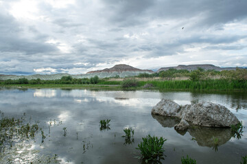 Lake view in spring. Tent camping in Nallıhan bird sanctuary. Trekking by the lake. Nallıhan bird sanctuary, which is on the migration route of birds. Nallıhan lake. Magnificent views from Nallıhan la
