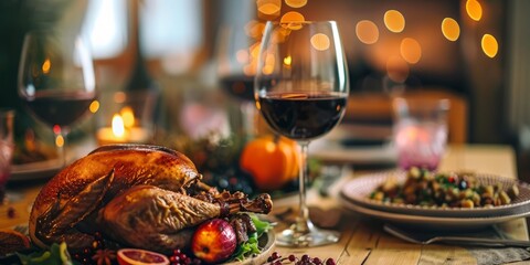Traditional festive dinner with roasted turkey served on table
