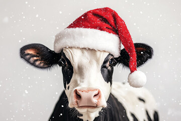 A cute cow wearing a Santa hat standing against a snowy backdrop, blending holiday cheer with farm life