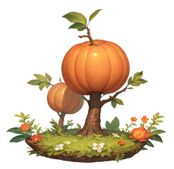 This is a whimsical pixel art illustration depicting two vibrant pumpkins that are growing on a tree, adding a charming touch to fall scenery